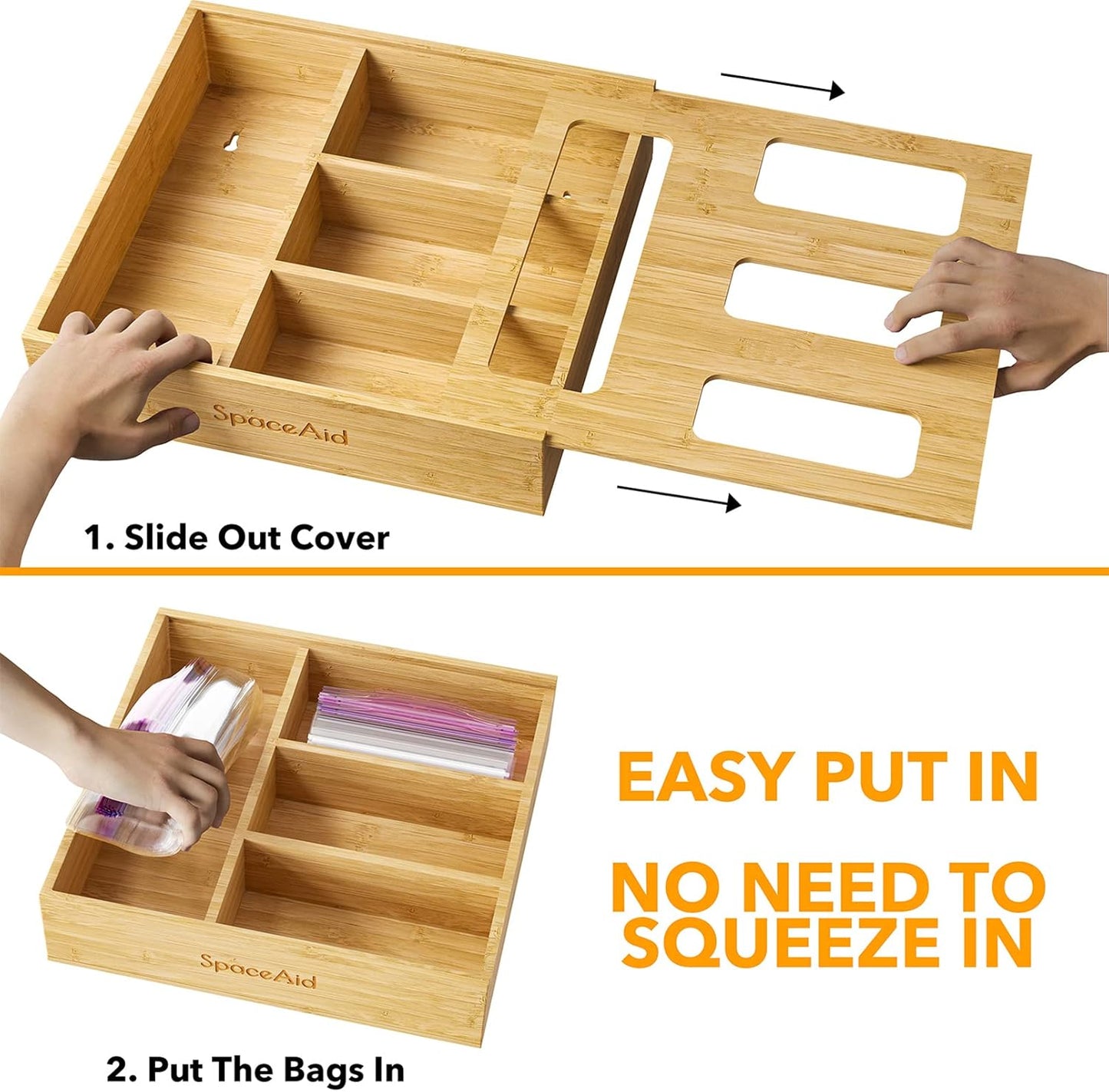 SpaceAid Bamboo Food Storage Bag Organizer with Labels – 4 Slot Drawer Box