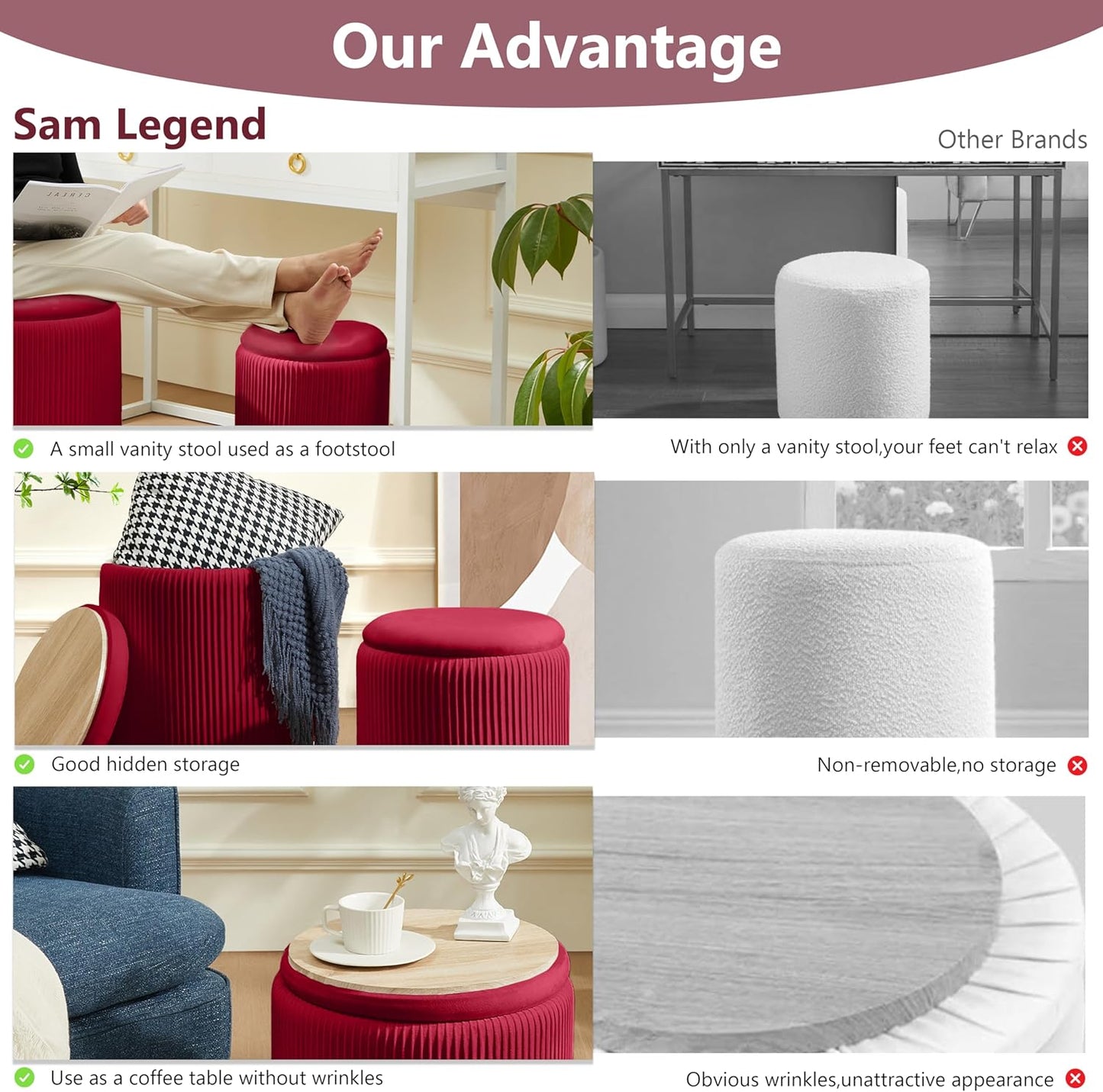 Sam Legend Round Ottoman with Storage – Velvet Vanity Stool