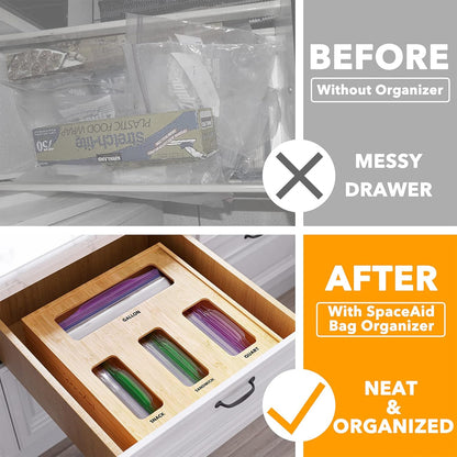 SpaceAid Bamboo Food Storage Bag Organizer with Labels – 4 Slot Drawer Box