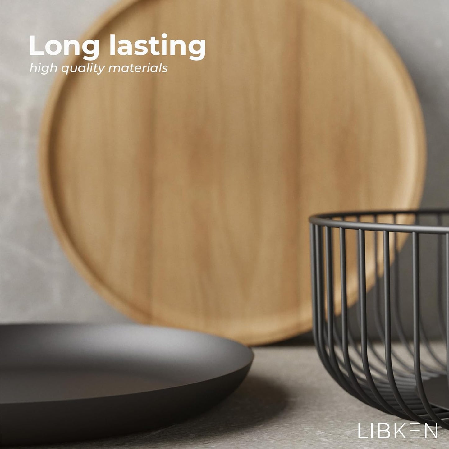 LIBKEN Black Fruit Basket with Wooden Lid – Multi-Purpose Storage Bowl