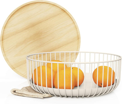 LIBKEN Black Fruit Basket with Wooden Lid – Multi-Purpose Storage Bowl