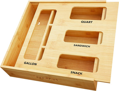SpaceAid Bamboo Food Storage Bag Organizer with Labels – 4 Slot Drawer Box