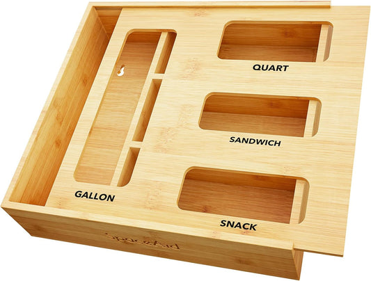 SpaceAid Bamboo Food Storage Bag Organizer with Labels – 4 Slot Drawer Box
