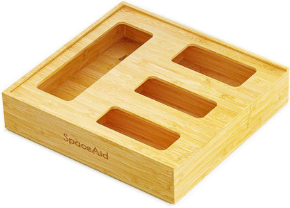 SpaceAid Bamboo Food Storage Bag Organizer with Labels – 4 Slot Drawer Box