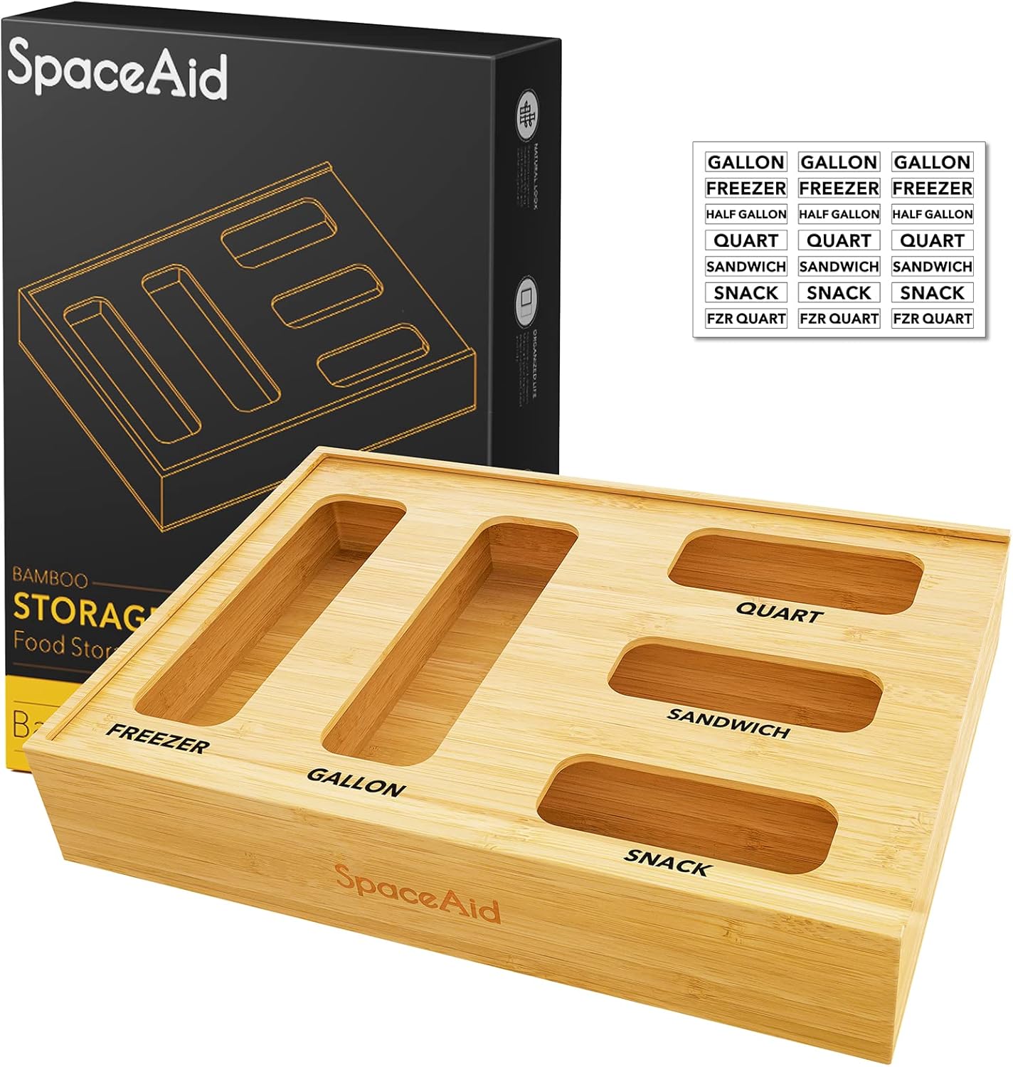 SpaceAid Bamboo Food Storage Bag Organizer with Labels – 4 Slot Drawer Box