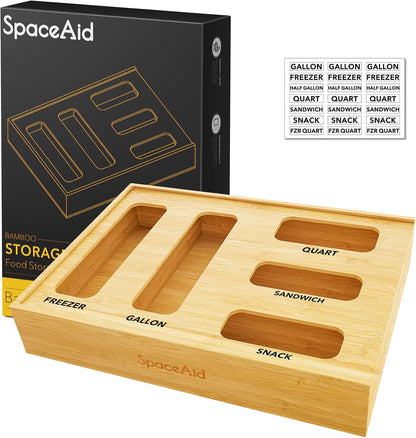 SpaceAid Bamboo Food Storage Bag Organizer with Labels – 4 Slot Drawer Box