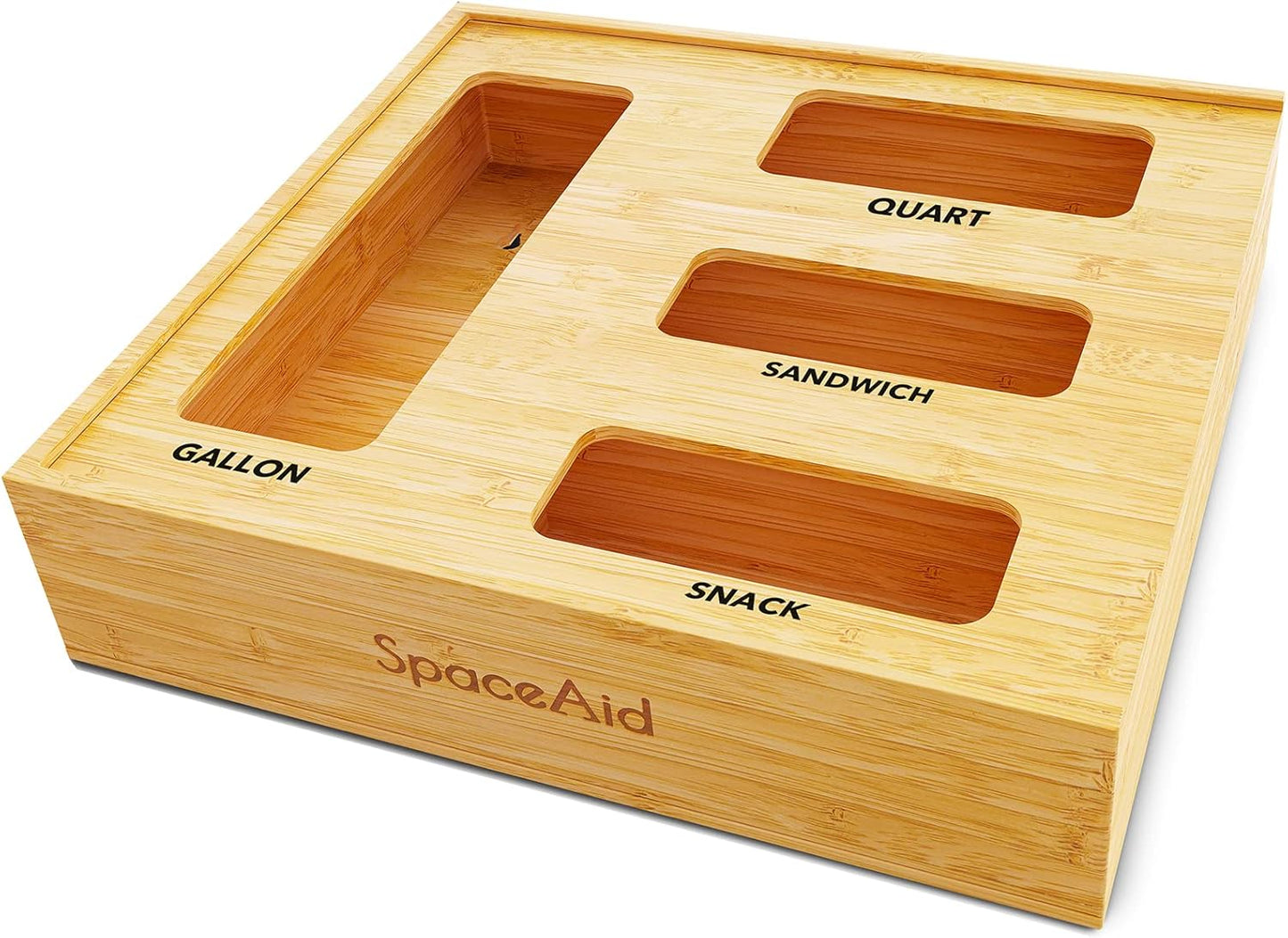 SpaceAid Bamboo Food Storage Bag Organizer with Labels – 4 Slot Drawer Box