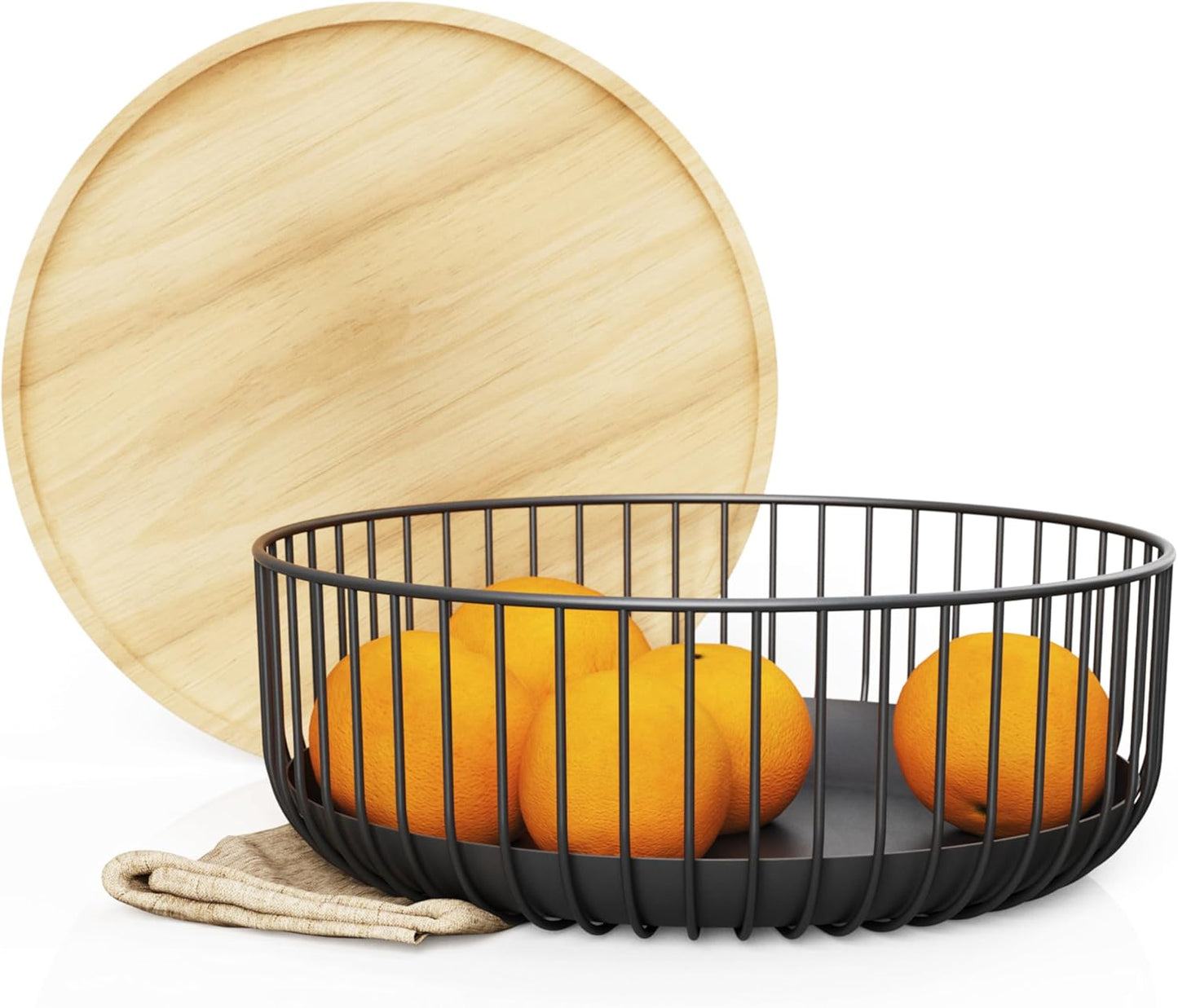 LIBKEN Black Fruit Basket with Wooden Lid – Multi-Purpose Storage Bowl