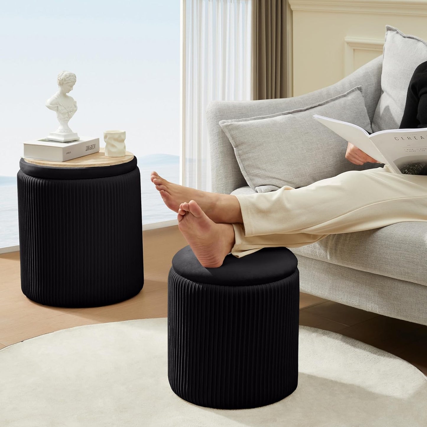 Sam Legend Round Ottoman with Storage – Velvet Vanity Stool
