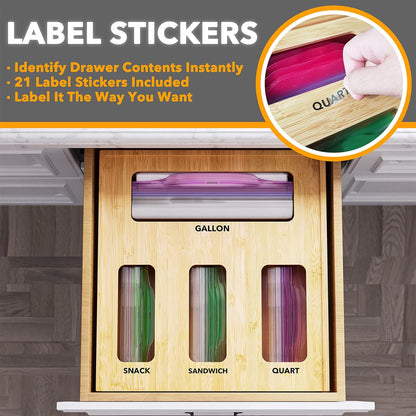 SpaceAid Bamboo Food Storage Bag Organizer with Labels – 4 Slot Drawer Box