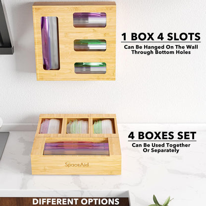 SpaceAid Bamboo Food Storage Bag Organizer with Labels – 4 Slot Drawer Box