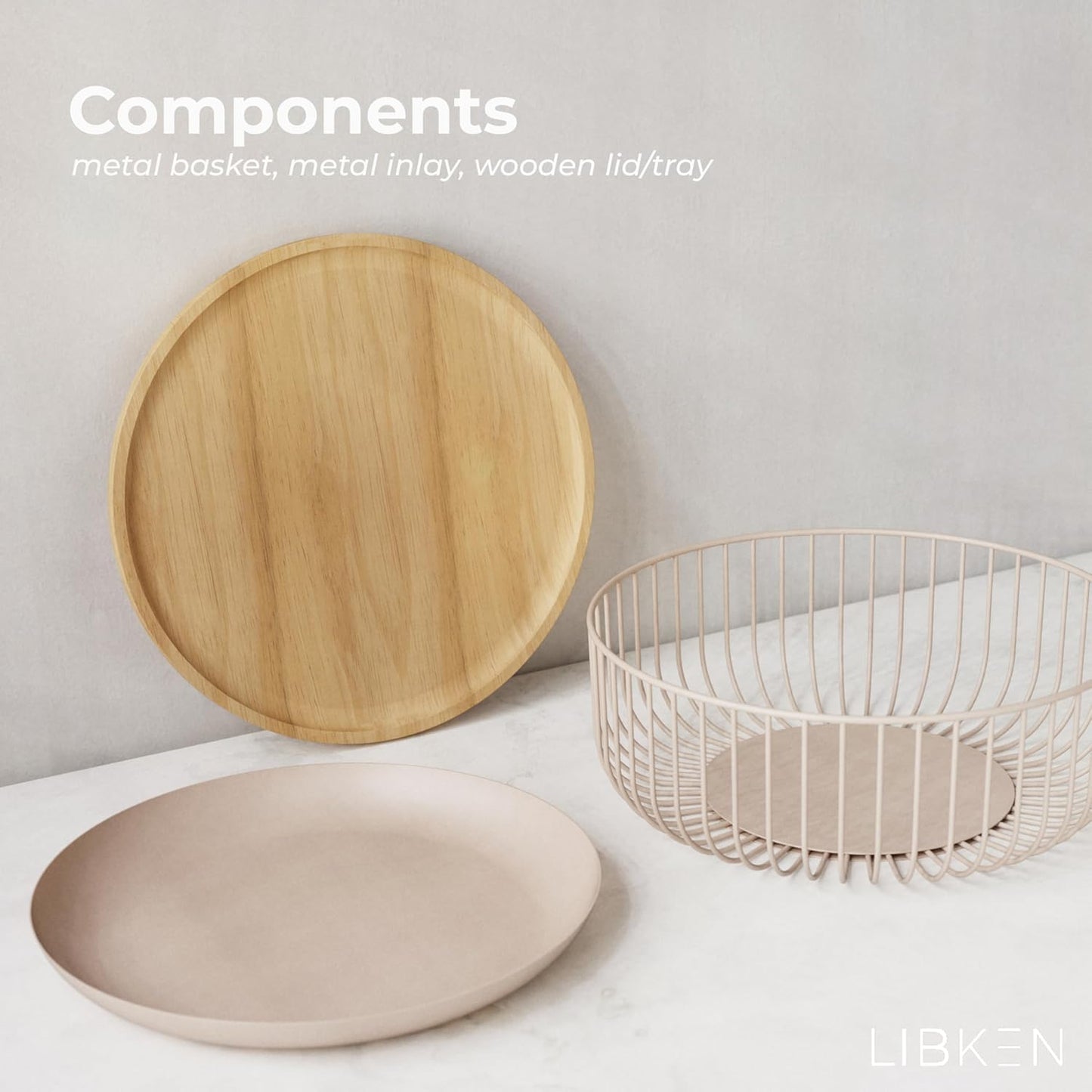 LIBKEN Black Fruit Basket with Wooden Lid – Multi-Purpose Storage Bowl