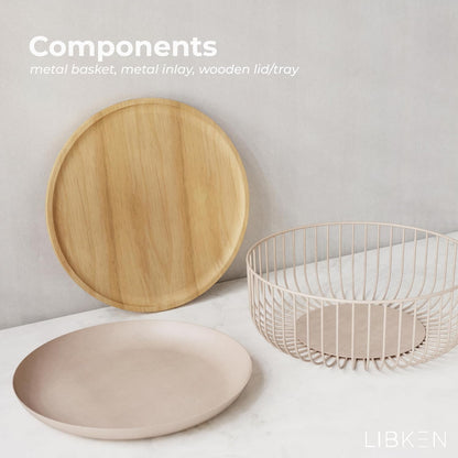 LIBKEN Black Fruit Basket with Wooden Lid – Multi-Purpose Storage Bowl