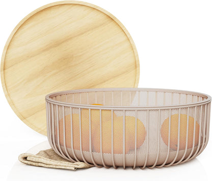 LIBKEN Black Fruit Basket with Wooden Lid – Multi-Purpose Storage Bowl