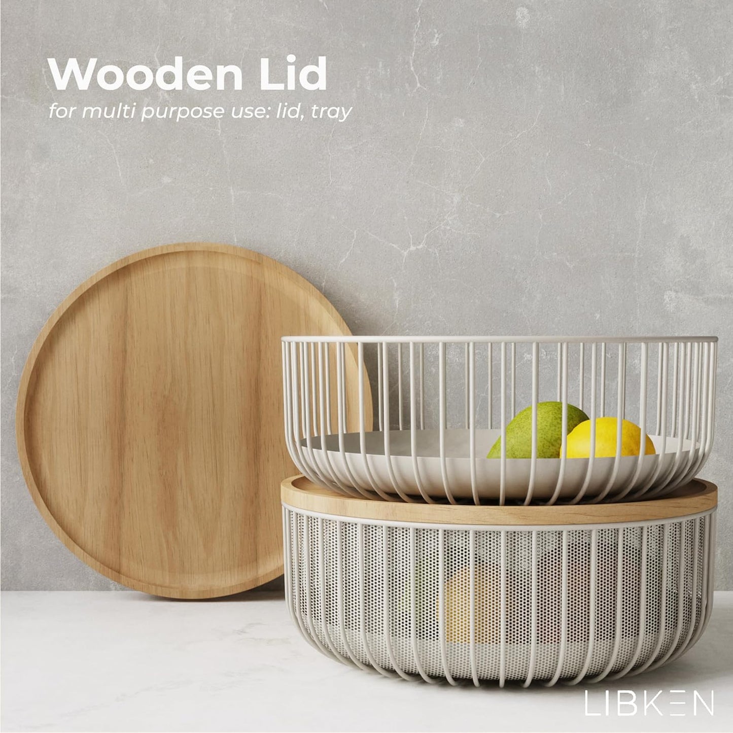 LIBKEN Black Fruit Basket with Wooden Lid – Multi-Purpose Storage Bowl