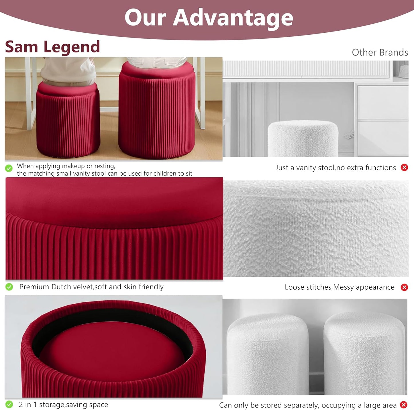 Sam Legend Round Ottoman with Storage – Velvet Vanity Stool