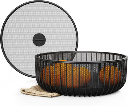 LIBKEN Black Fruit Basket with Wooden Lid – Multi-Purpose Storage Bowl