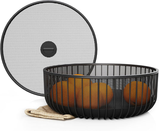 LIBKEN Black Fruit Basket with Wooden Lid – Multi-Purpose Storage Bowl