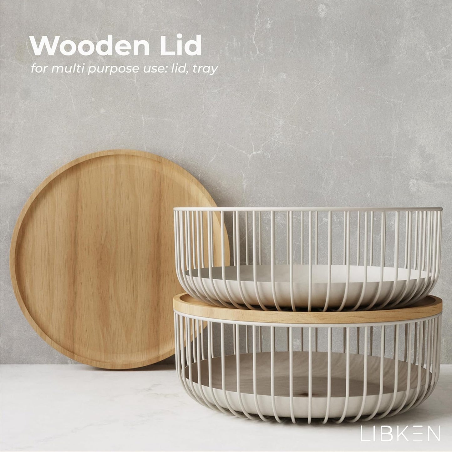 LIBKEN Black Fruit Basket with Wooden Lid – Multi-Purpose Storage Bowl
