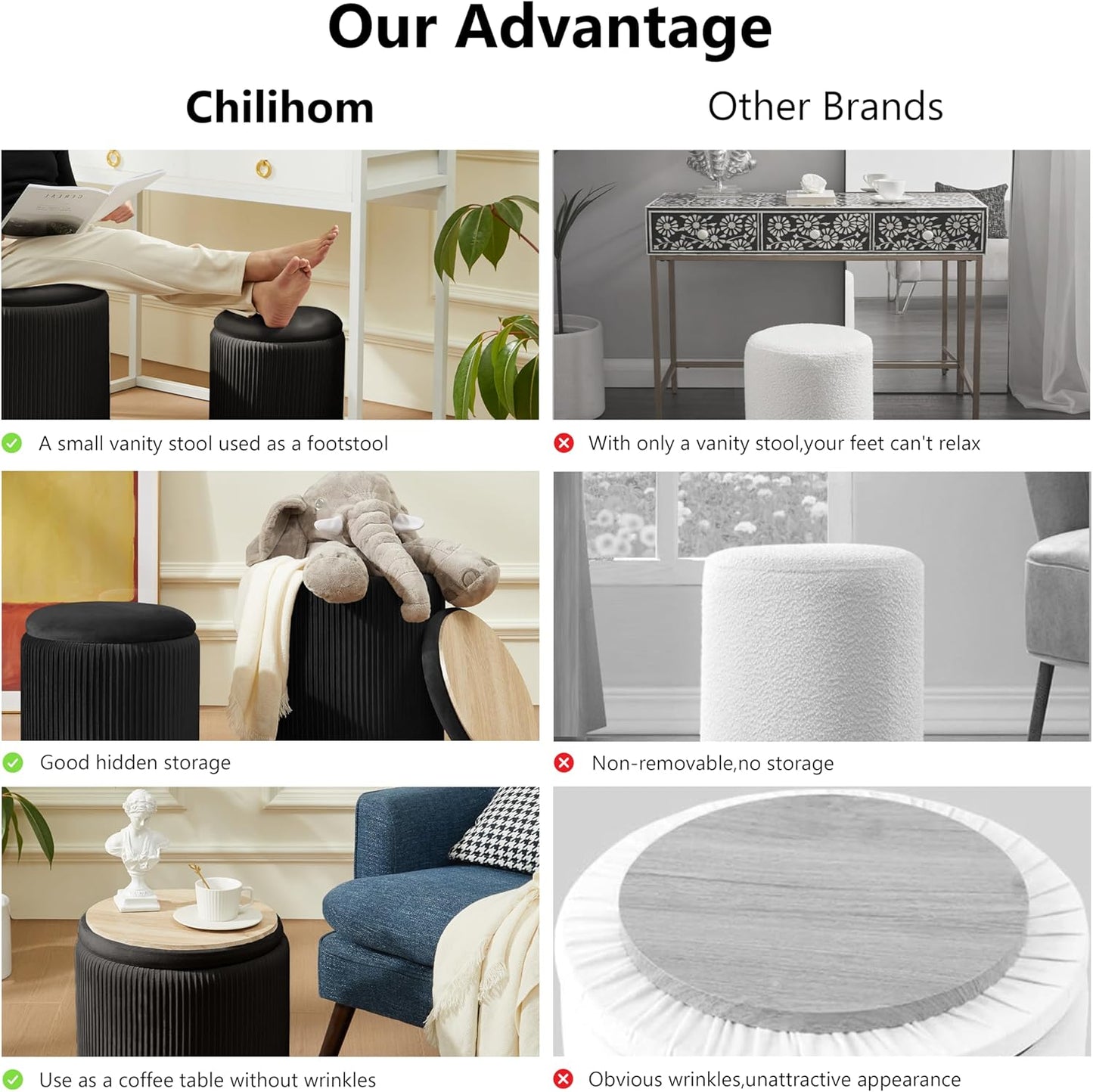 Sam Legend Round Ottoman with Storage – Velvet Vanity Stool
