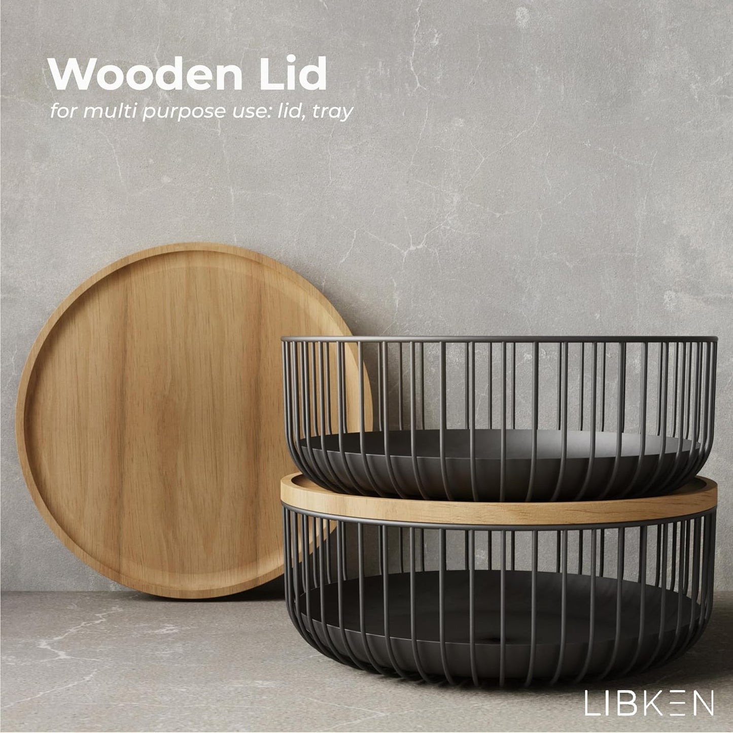 LIBKEN Black Fruit Basket with Wooden Lid – Multi-Purpose Storage Bowl