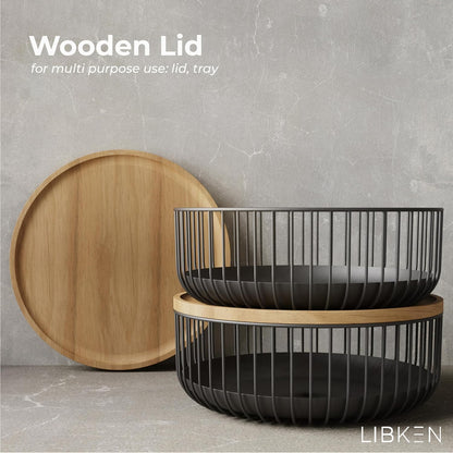 LIBKEN Black Fruit Basket with Wooden Lid – Multi-Purpose Storage Bowl
