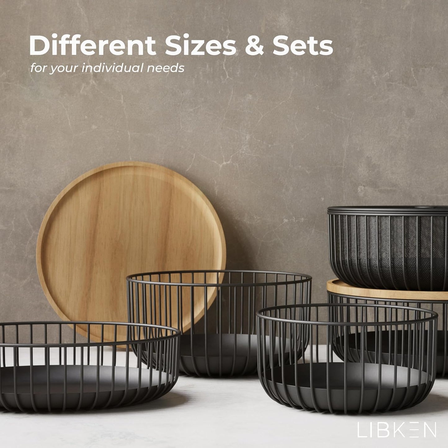 LIBKEN Black Fruit Basket with Wooden Lid – Multi-Purpose Storage Bowl