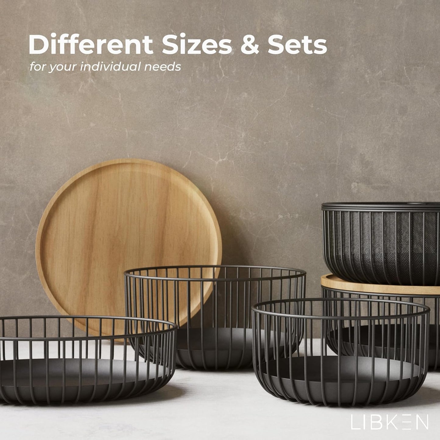LIBKEN Black Fruit Basket with Wooden Lid – Multi-Purpose Storage Bowl