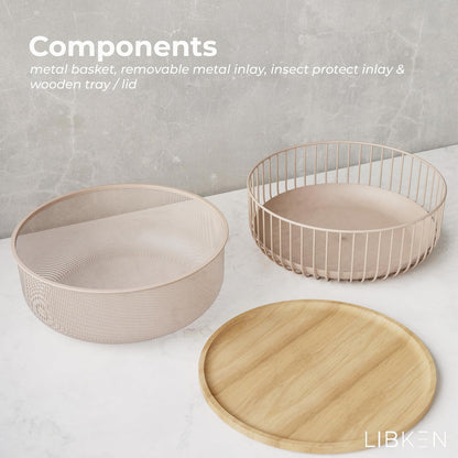 LIBKEN Black Fruit Basket with Wooden Lid – Multi-Purpose Storage Bowl