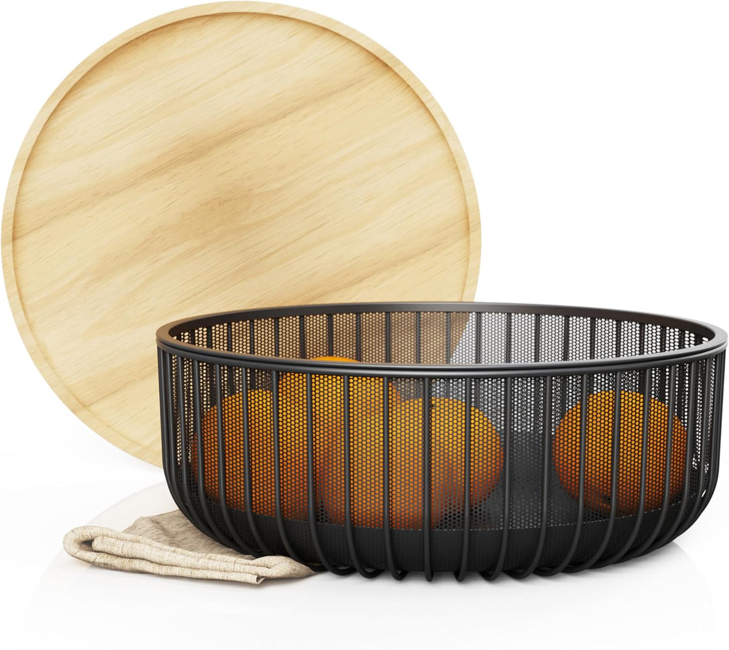 LIBKEN Black Fruit Basket with Wooden Lid – Multi-Purpose Storage Bowl