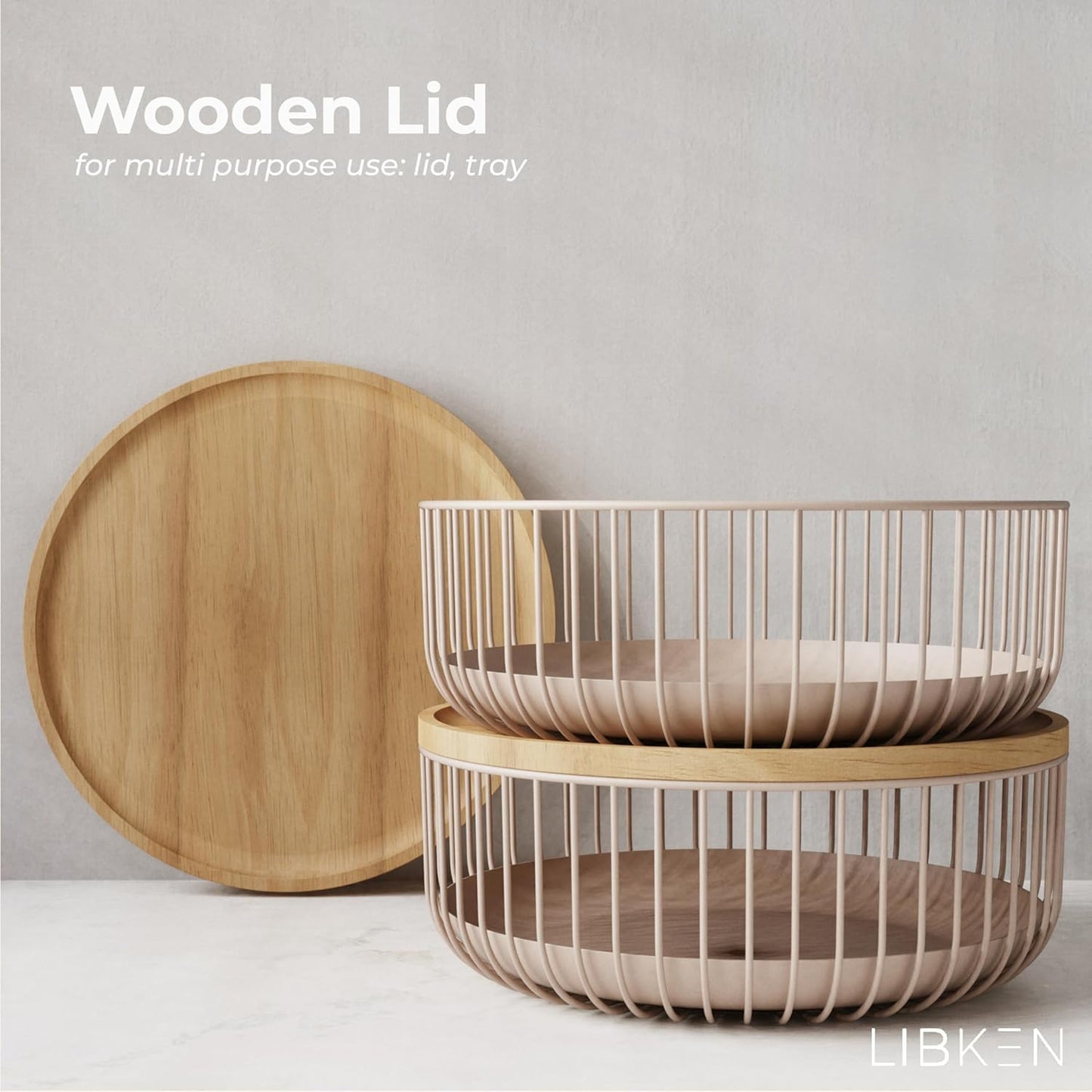 LIBKEN Black Fruit Basket with Wooden Lid – Multi-Purpose Storage Bowl
