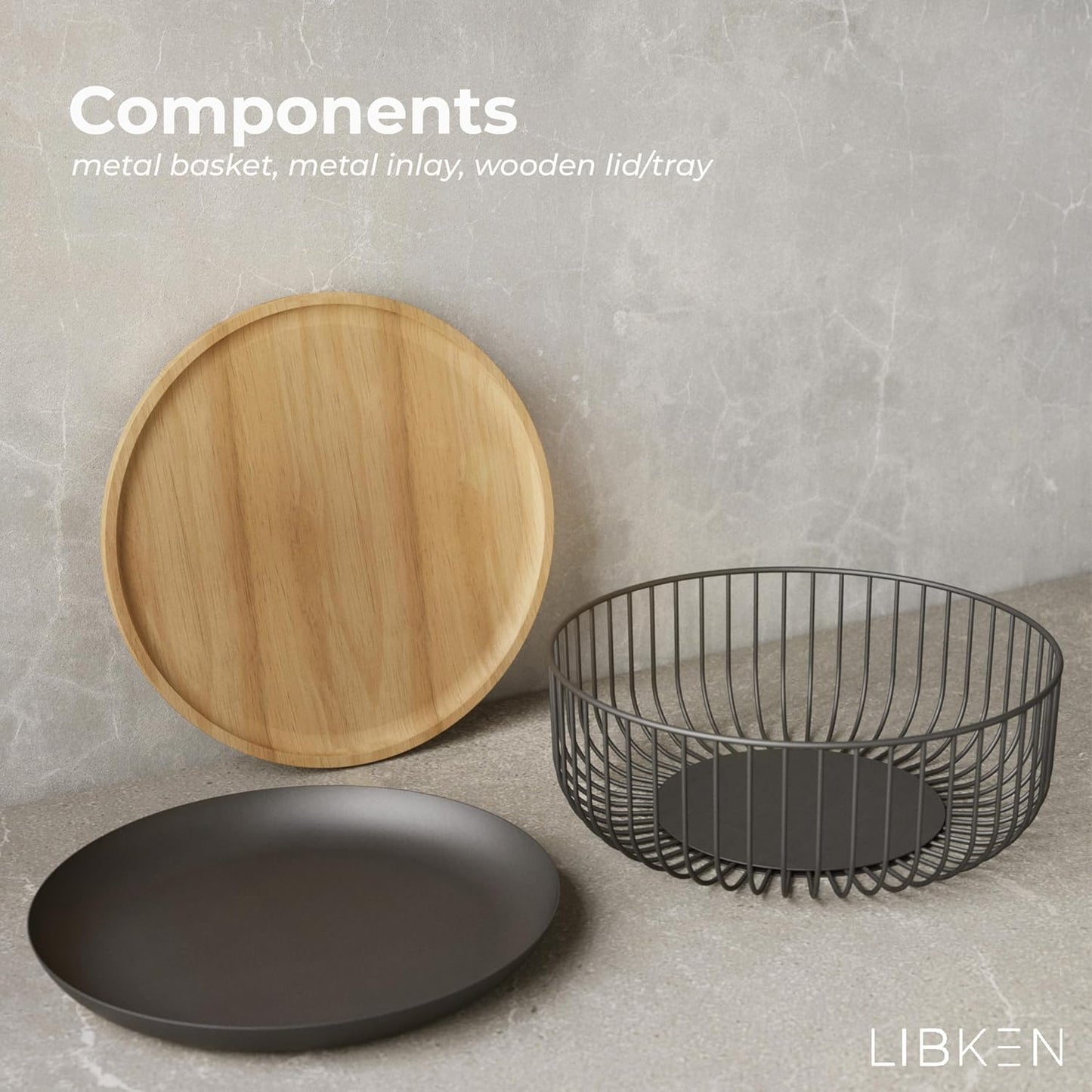 LIBKEN Black Fruit Basket with Wooden Lid – Multi-Purpose Storage Bowl