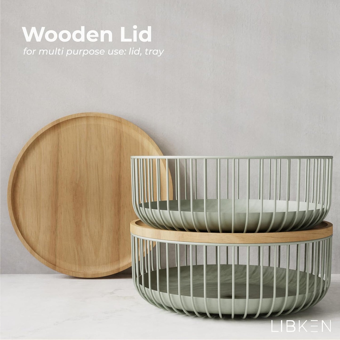 LIBKEN Black Fruit Basket with Wooden Lid – Multi-Purpose Storage Bowl