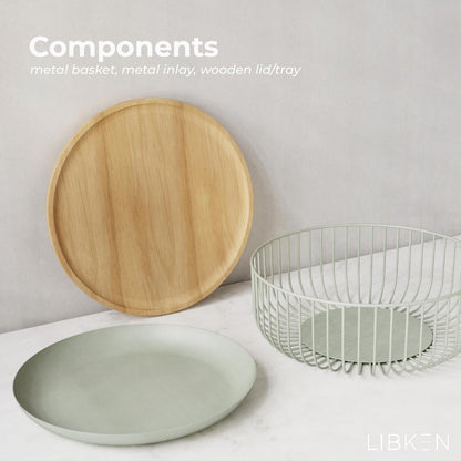 LIBKEN Black Fruit Basket with Wooden Lid – Multi-Purpose Storage Bowl