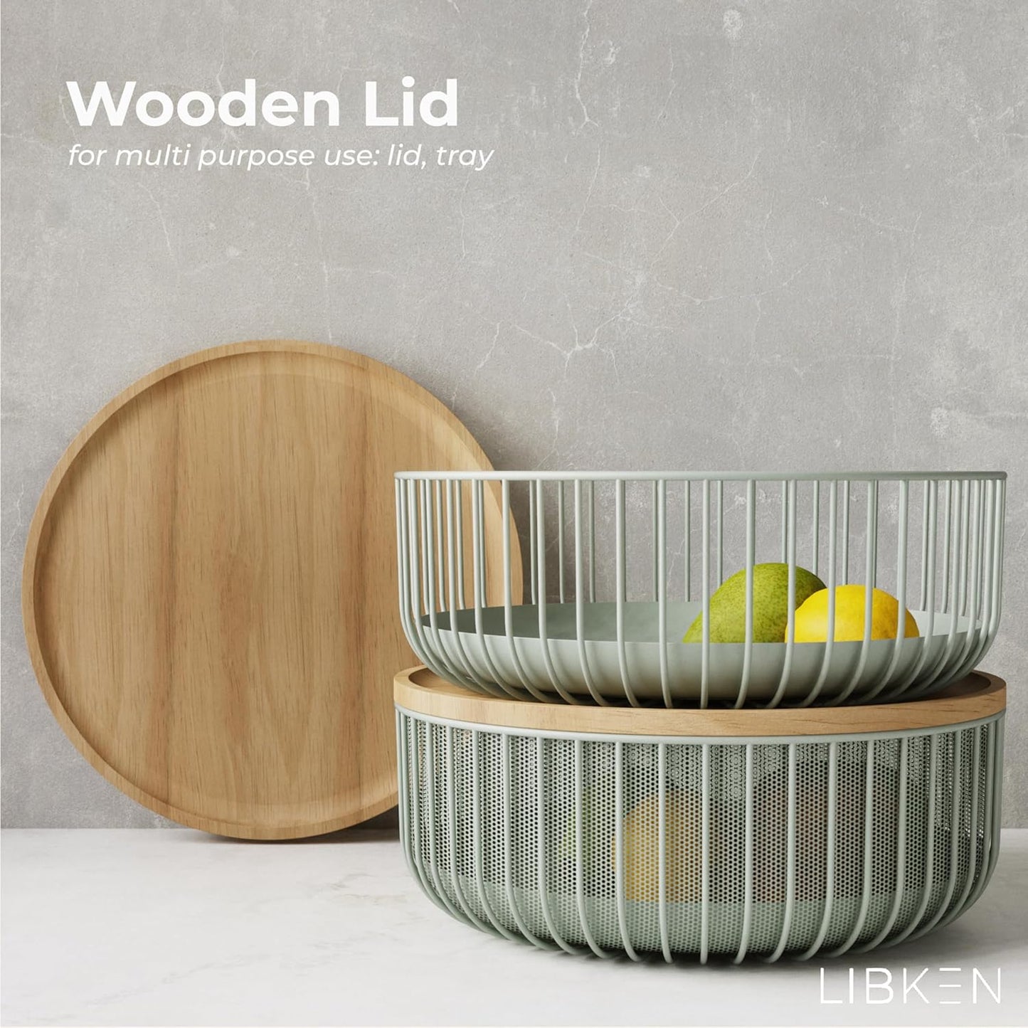 LIBKEN Black Fruit Basket with Wooden Lid – Multi-Purpose Storage Bowl