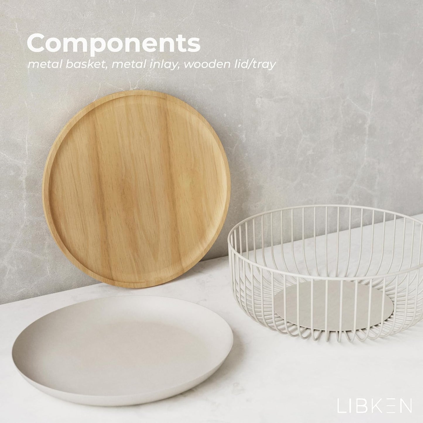LIBKEN Black Fruit Basket with Wooden Lid – Multi-Purpose Storage Bowl