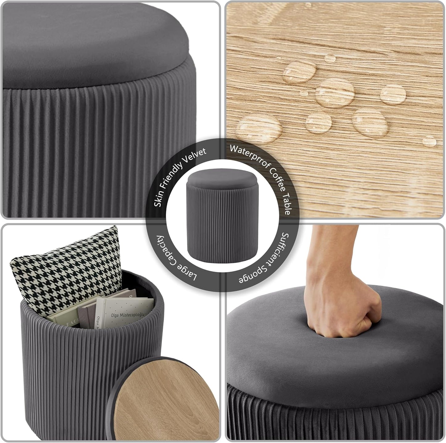 Sam Legend Round Ottoman with Storage – Velvet Vanity Stool