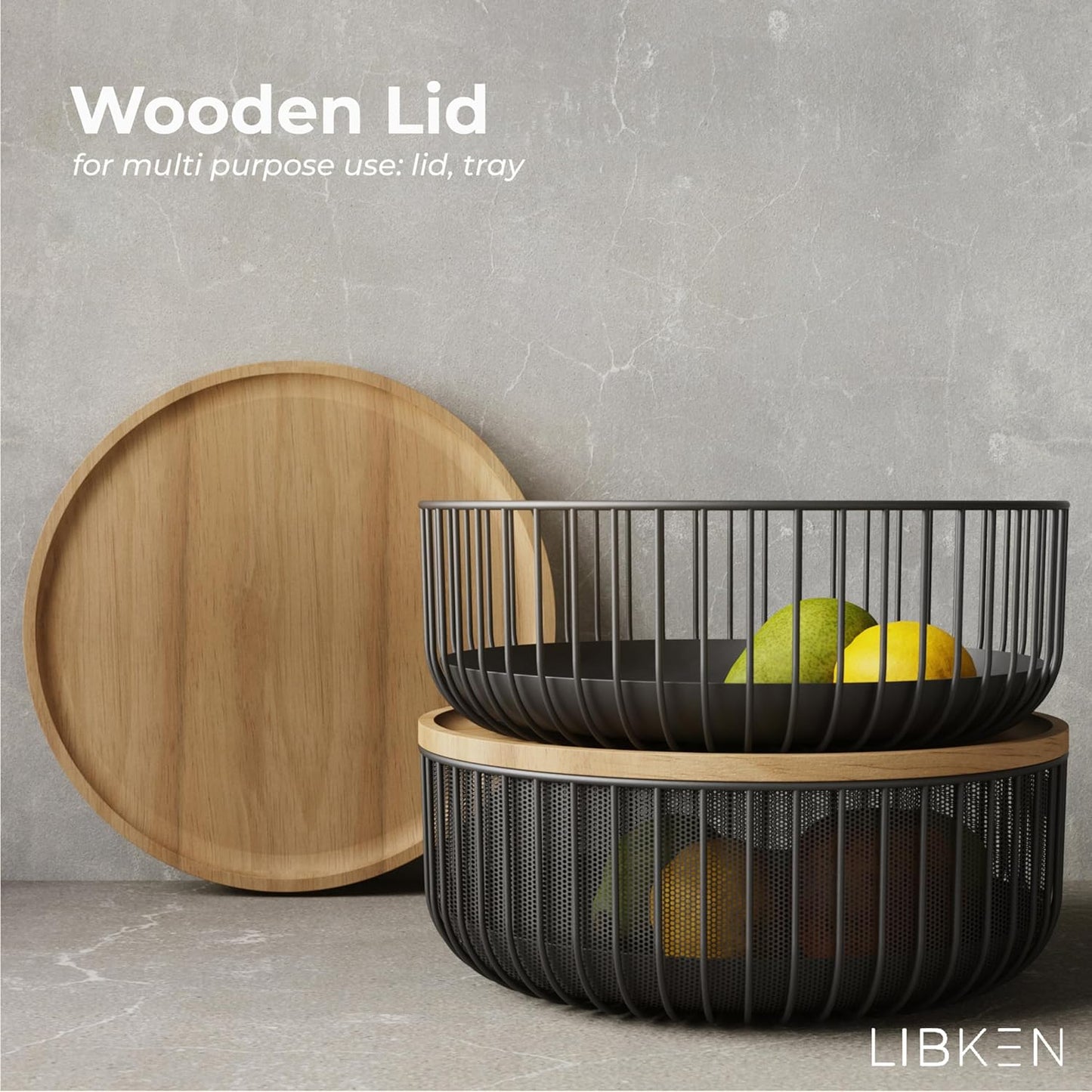 LIBKEN Black Fruit Basket with Wooden Lid – Multi-Purpose Storage Bowl