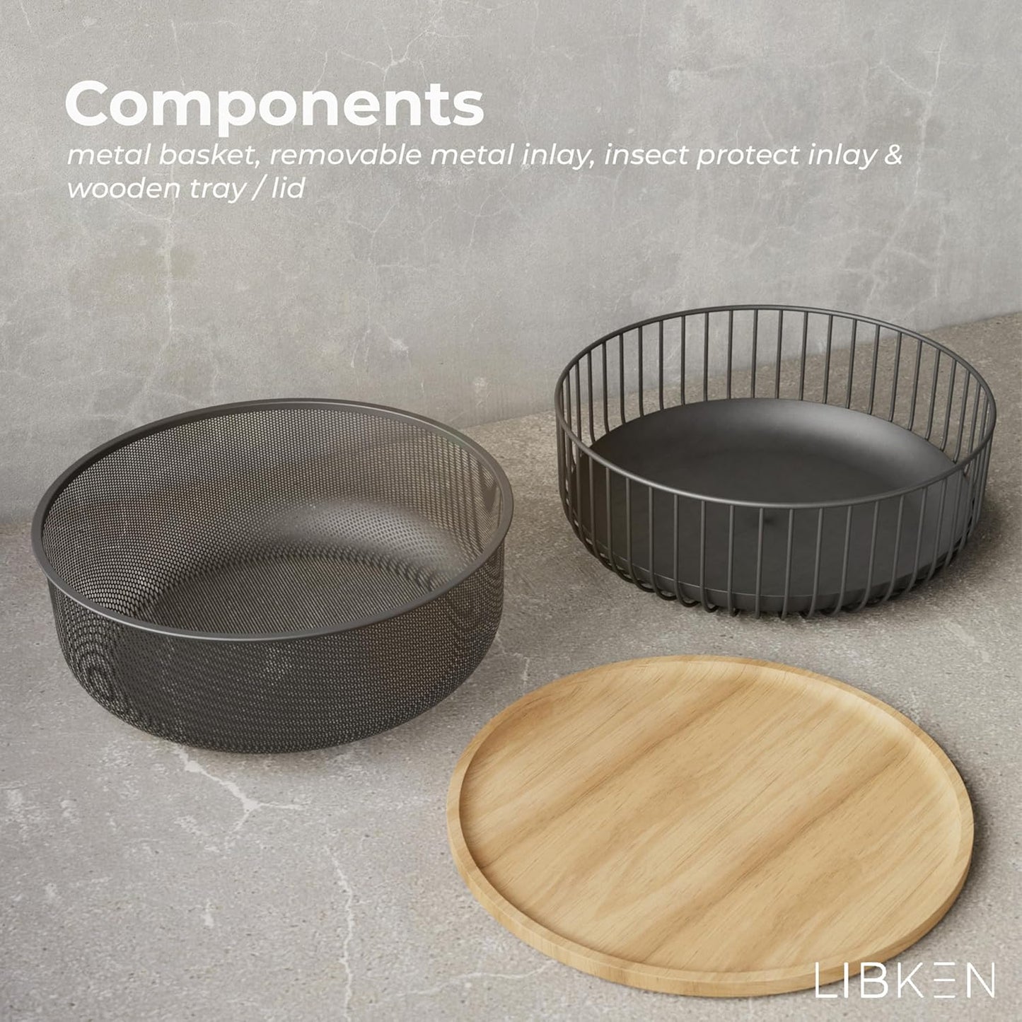 LIBKEN Black Fruit Basket with Wooden Lid – Multi-Purpose Storage Bowl