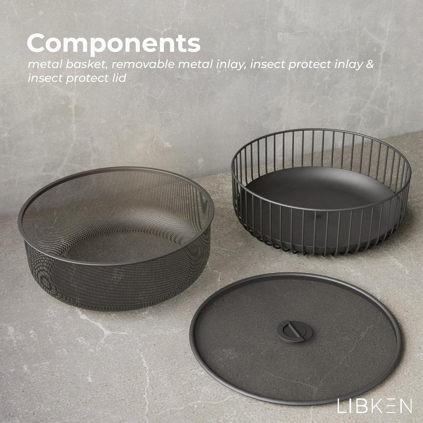 LIBKEN Black Fruit Basket with Wooden Lid – Multi-Purpose Storage Bowl