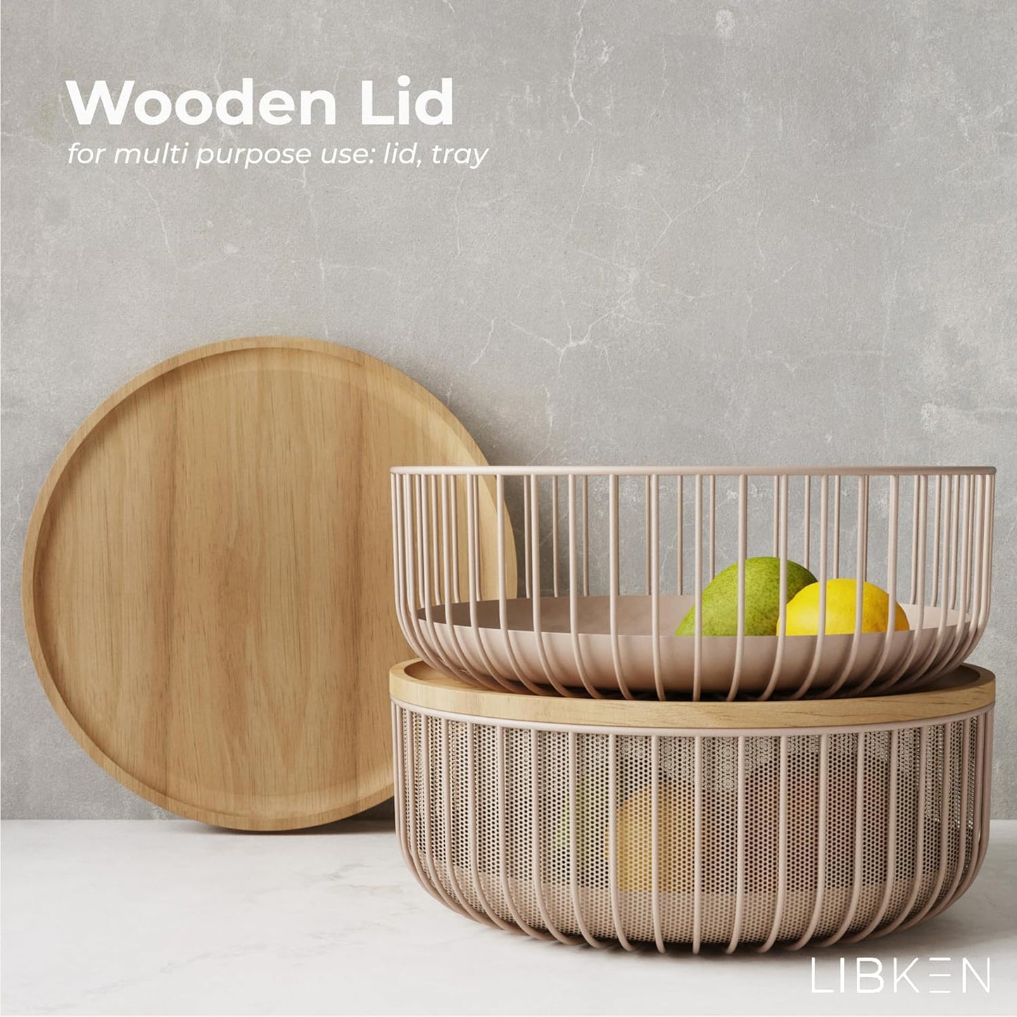 LIBKEN Black Fruit Basket with Wooden Lid – Multi-Purpose Storage Bowl
